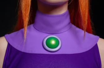 dult woman wearing a detailed purple and green Starfire cosplay costume from Teen Titans, posing against a galaxy background