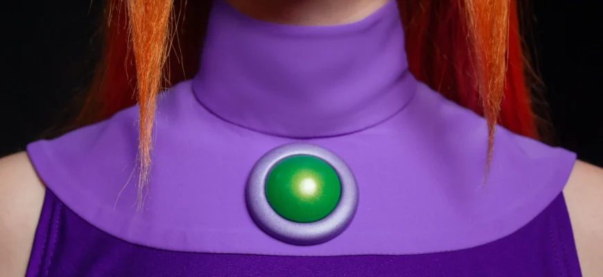 dult woman wearing a detailed purple and green Starfire cosplay costume from Teen Titans, posing against a galaxy background